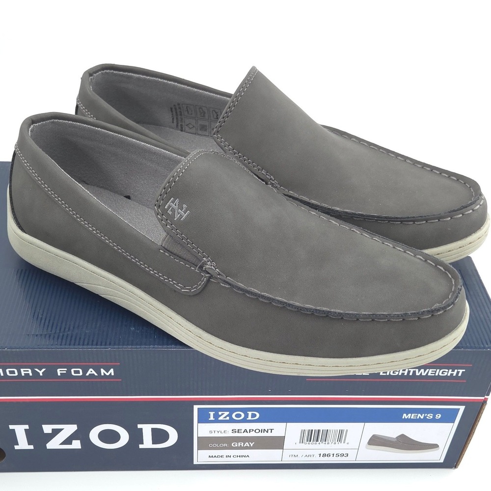 IZOD Seapoint Slip On Loafers Mens 9 Gray Memory Foam Casual Shoes NEW